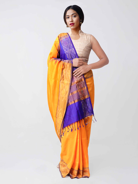 

Unnati Silks Yellow & Gold-Toned Silk Cotton Woven Design Kanjeevaram Saree