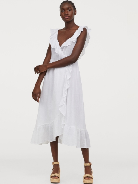 

H&M Women White Solid Flounce-trimmed Cotton Dress