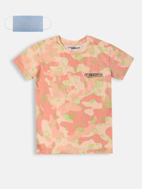 

Lil Tomatoes Boys Coral Pink Green Camo Printed Round Neck T-shirt