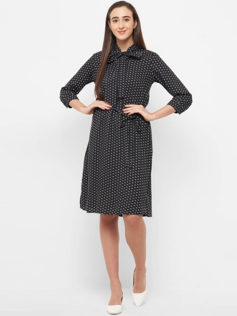 

109F Women Black Printed Tie-Up Neck Shirt Dress