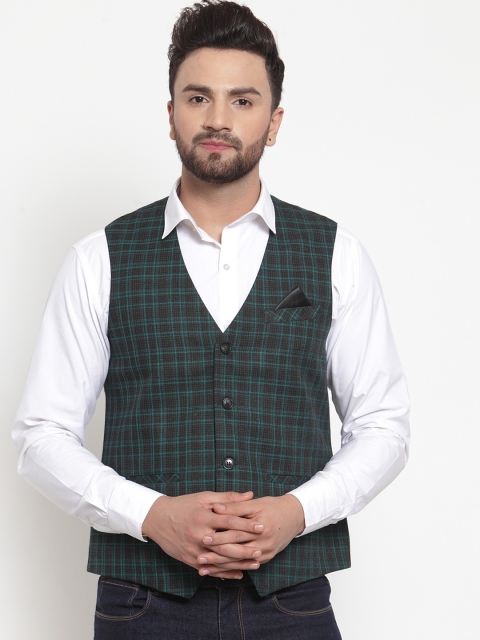 

NEUDIS Men Green & Blue Checked Waistcoat