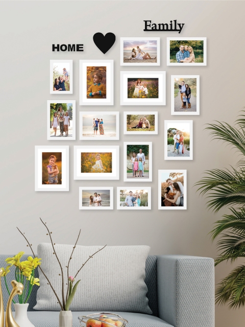 

RANDOM Set Of 16 White Solid Synthetic Collage Photo Frames With Home Family & Heart Plaques