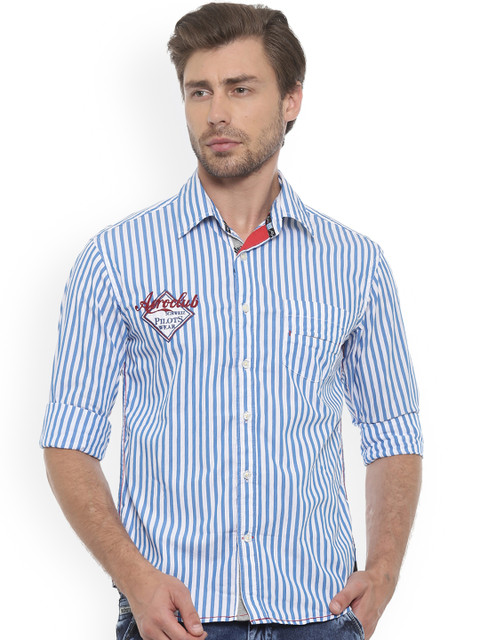 

Flyrs Club Men White & Blue Slim Fit Striped Casual Shirt