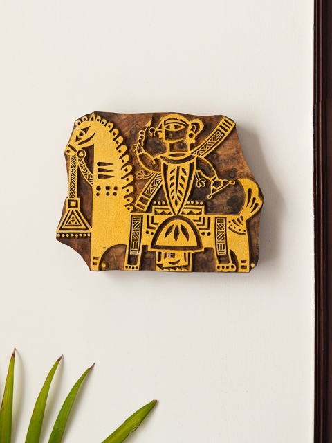 

ExclusiveLane Yellow & Brown Madhubani Warrior Hand Carved Block Wall Decor