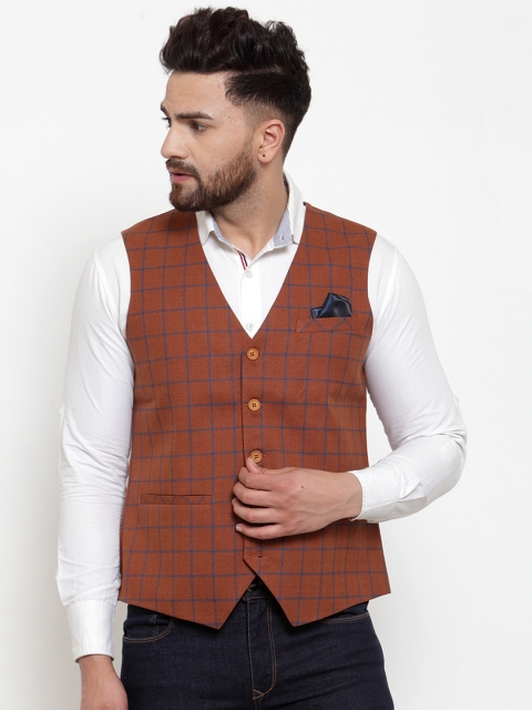 

NEUDIS Men Rust Brown & Blue Checked Waistcoat