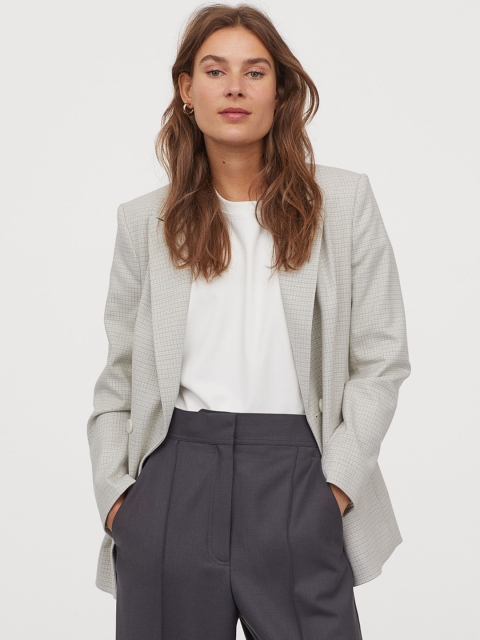 

H&M Women Beige & Grey Checked Double-Breasted Jacket