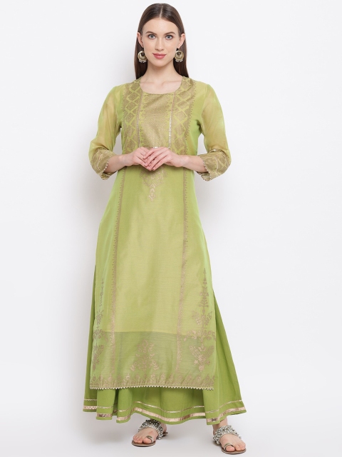

RIVI Women Green Block Print Kurta with Skirt