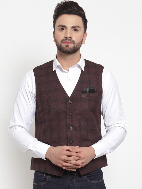 

NEUDIS Men Maroon & Brown Checked Waistcoat