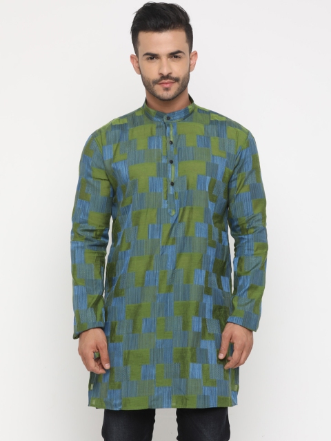 

SHOWOFF Men Green & Blue Woven Design Straight Kurta