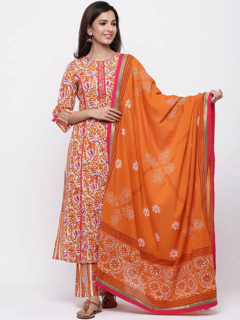 

Rain & Rainbow Women Orange & White Printed Kurta with Palazzos & Dupatta