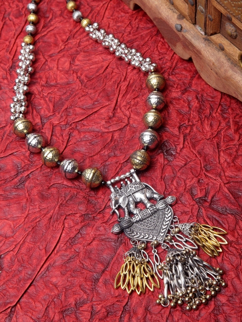 

Moedbuille Silver & Gold Handcrafted Temple Design Oxidised Necklace