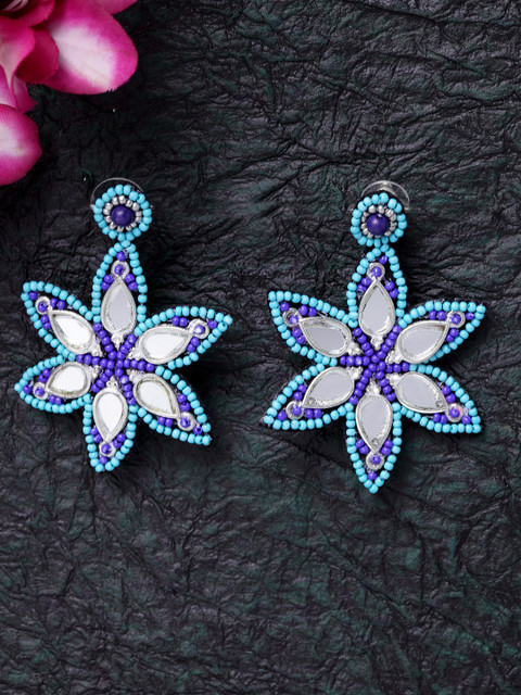 

Moedbuille Blue & Turquoise Blue Floral Afghan Drop Earrings