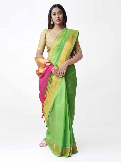

Unnati Silks Green & Pink Silk Cotton Woven Design Handloom Uppada Saree