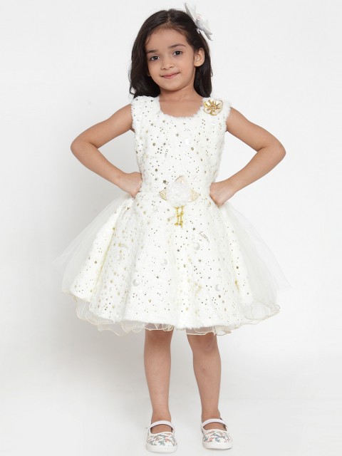 

Aarika Girls White & Gold Printed Fit and Flare Dress