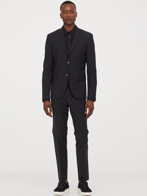 

H&M Men Black Solid Wool-Blend Trousers Slim Fit