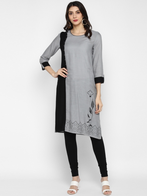 

Teal19 Women Grey & Black Colourblocked Straight Kurta