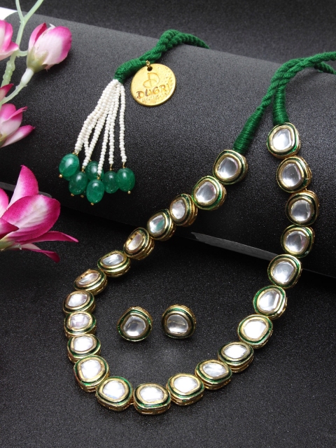 

DUGRISTYLE Gold-Plated White & Green Kundan-Studded Handcrafted Jewellery Set