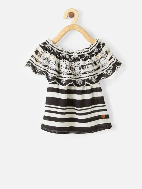 

VITAMINS Girls Black & White Embroidered Bardot Top