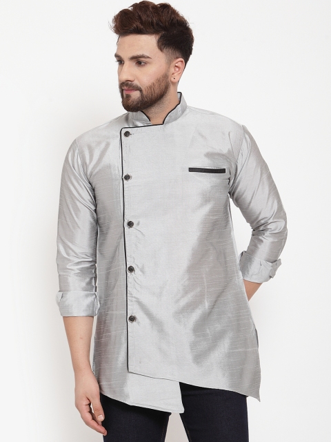 

Benstoke Men Silver-Toned Solid Straight Kurta