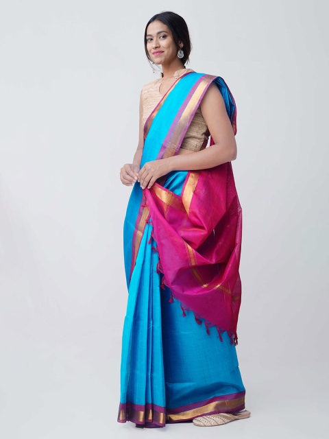 

Unnati Silks Blue Silk Cotton Solid Handloom Kanjeevaram Saree