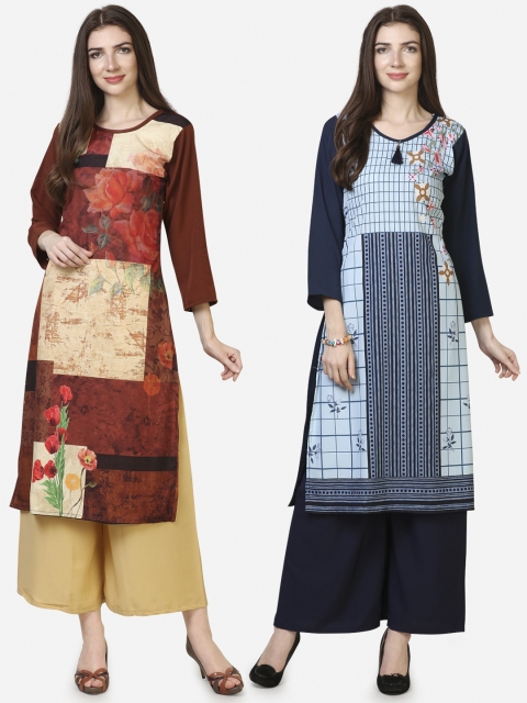 

Silk Bazar Women Pack Of 2 Brown & Blue Printed Straight Kurta