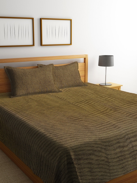 

KLOTTHE Mustard Yellow & Black Striped Double Bed Cover With 2 Pillow Covers