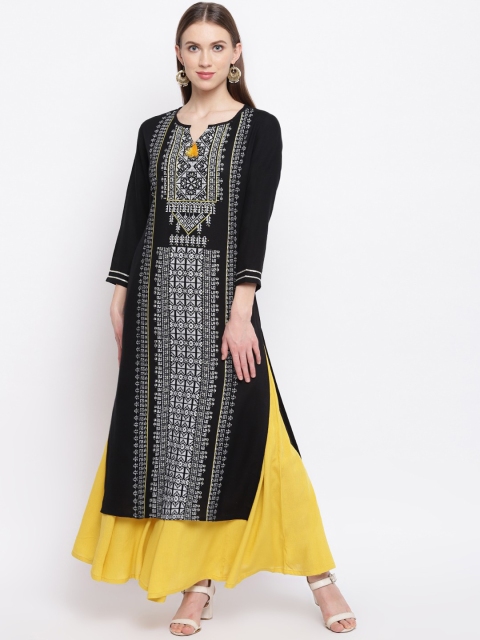 

RIVI Women Black & White Printed Kurti with Yellow Sharara