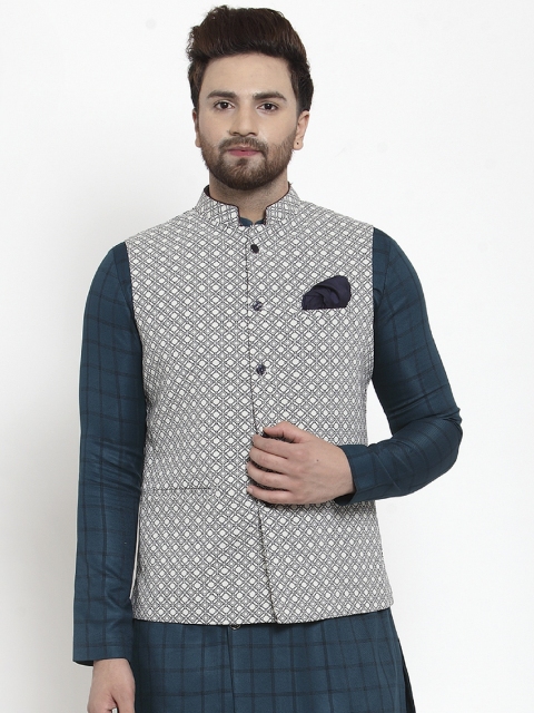 

MAXENCE Men Grey Printed Nehru Jacket & Pocket Square