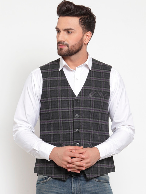 

NEUDIS Men Grey & Purple Checked Waistcoat