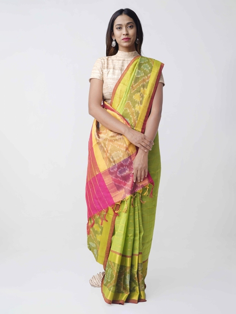 

Unnati Silks Green & Pink Silk Cotton Woven Design Handloom Kanjeevaram Saree