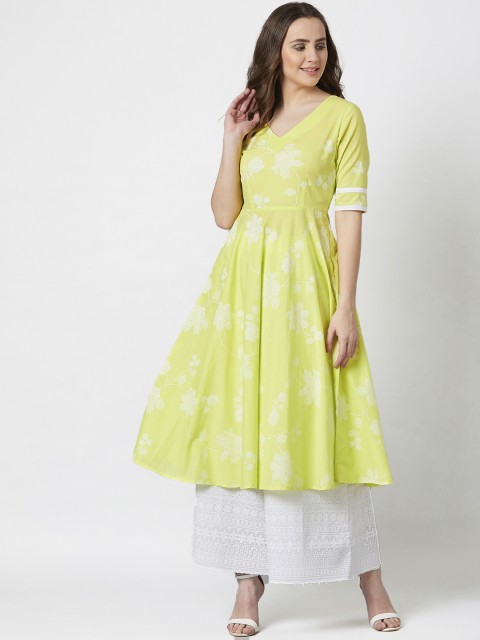 

PANIT Women Lime Green & White Printed Anarkali Kurta