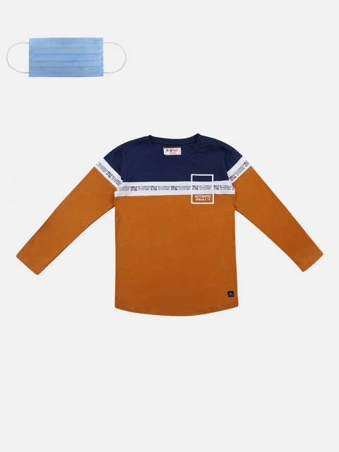 

Lil Tomatoes Boys Mustard Yellow & Navy Blue Colourblocked Round Neck T-shirt