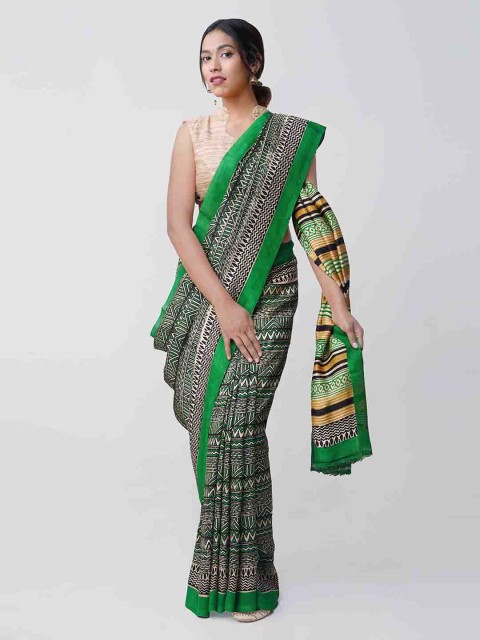 

Unnati Silks Green Pure Silk Printed Bagru Saree