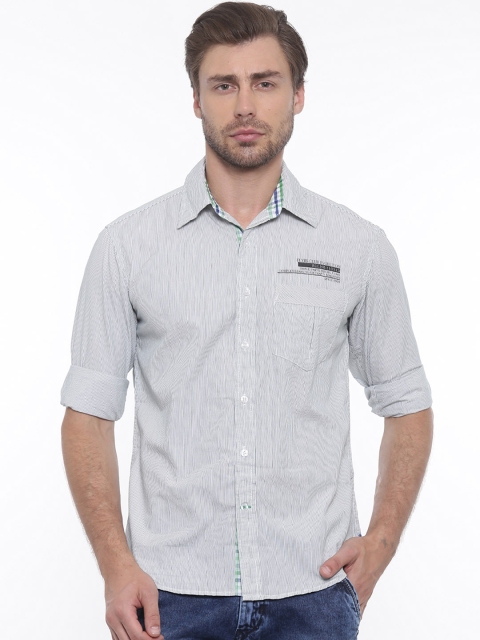 Flyrs Club Men Green & White Slim Fit Striped Casual Shirt