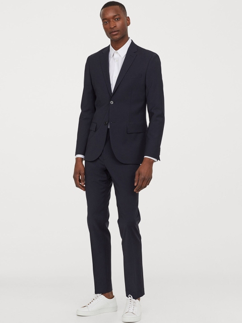 

H&M Men Navy Blue Solid Wool-Blend Trousers Slim Fit