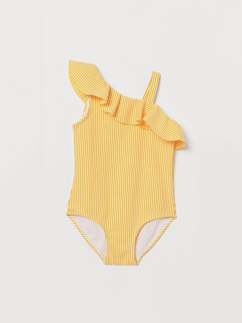 

H&M Girls Yellow & White Striped Swimsuit With A Flounce