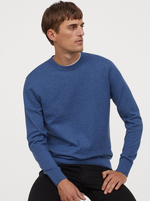 H&M Men Blue Solid Cashmere-Blend Jumper