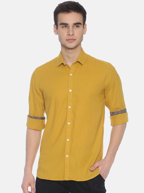 

CAVALLO by Linen Club Men Cotton Linen Mustard Yellow Regular Fit Solid Casual Shirt