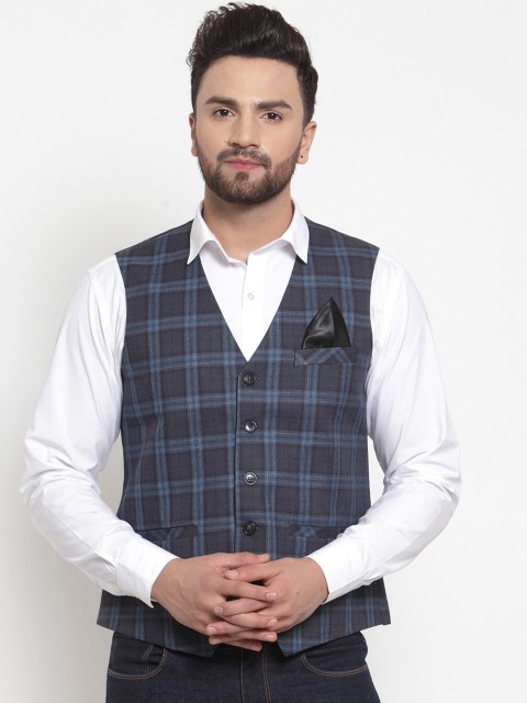 

NEUDIS Men Grey & Blue Checked Waistcoat