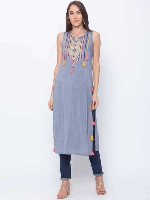 

Globus Women Blue & Orange Embroidered Straight Kurta