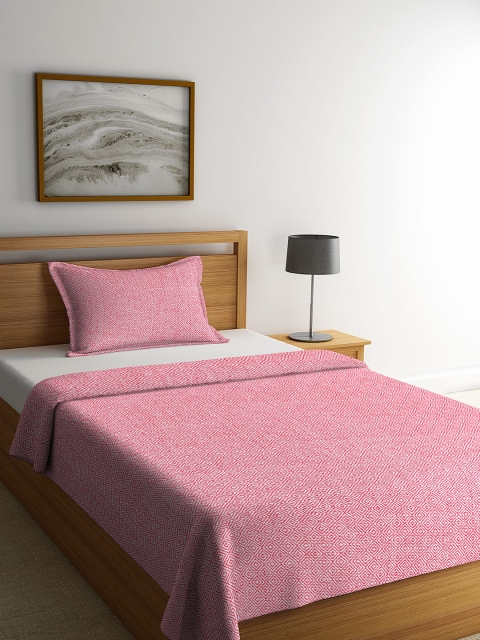 

KLOTTHE Pink & White Woven Design Single Bed Cover With Pillow Cover