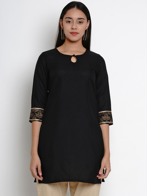 

Bhama Couture Women Black & Gold-Coloured Solid Pure Cotton Kurti