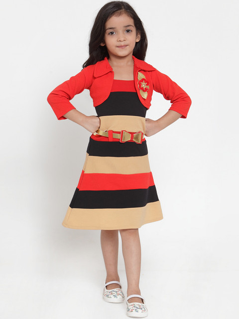

Aarika Girls Red & Beige Striped Fit and Flare Dress