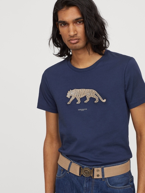 

H&M Men Blue Printed Round Neck T-shirt