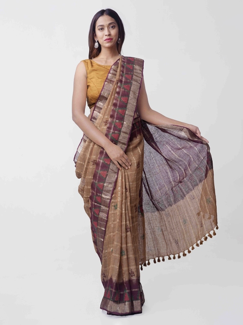 

Unnati Silks Tan Brown & Maroon Pure Linen Striped Saree