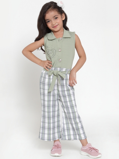 

Aarika Girls Green & White Checked Basic Jumpsuit