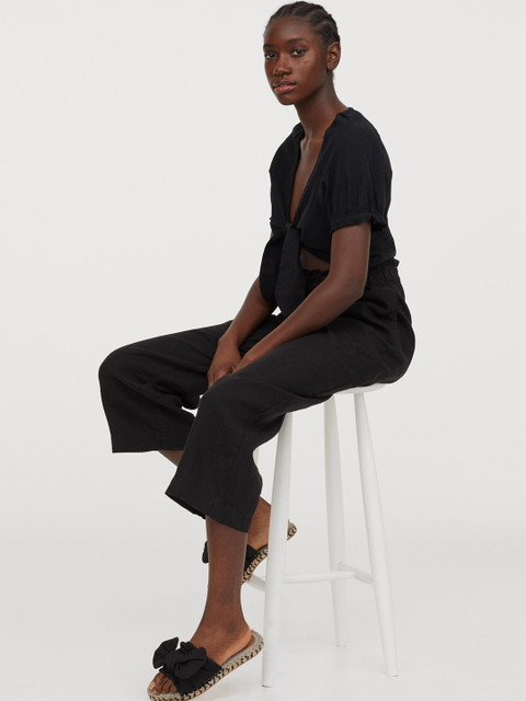 

H&M Women Black Solid Linen Culottes