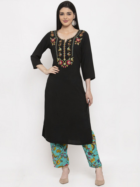 

ANAISA Women Black & Green Embroidered Kurta with Palazzos
