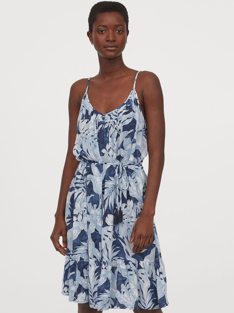

H&M Women Navy Blue & White Floral Print Tie-Detail Dress