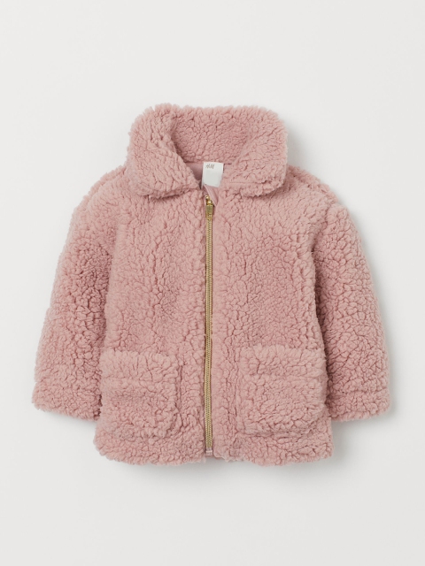 

H&M Girls Old Rose Pink Collared Faux Shearling Jacket